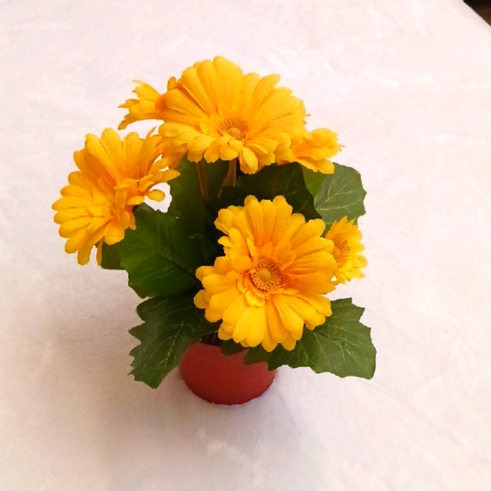 Yellow Artificial Flower Arrangement in Red Pot